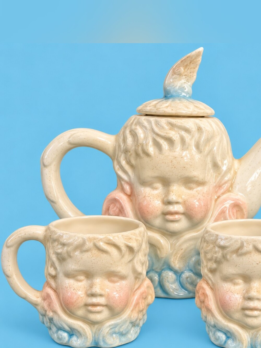 Vintage 1990s Cherub Angel Tea Set Teapot 2 Mugs Iridescent Ceramic Cottagecore